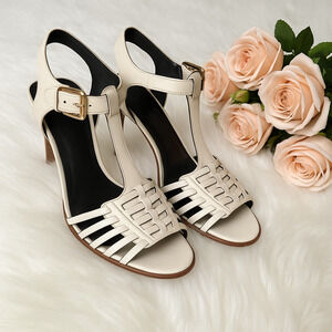 Coach Izzy Ivory White Leather Strappy Sandals Wooden Stiletto Heels Size 7